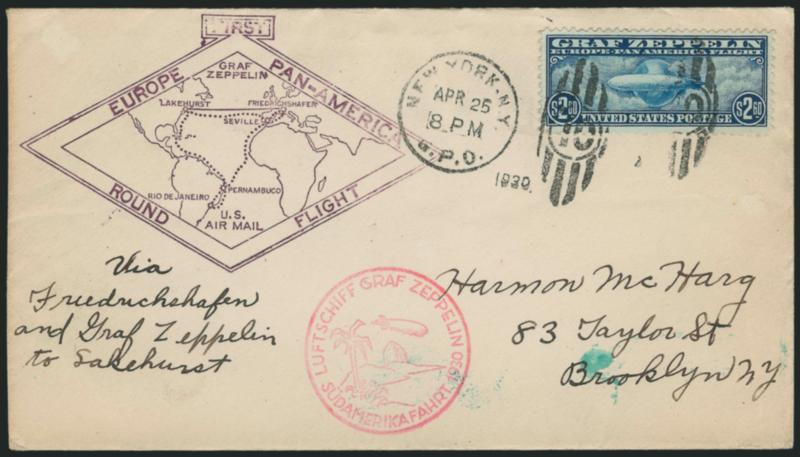 65c-$2.60 Graf Zeppelin, 10c Special Delivery (C13-C15, E12).> Zeppelins on flown covers or cards, first two from June 2 to Brooklyn (65c on illustrated Hotel New Yorker postcard), last from April 25 to
Brooklyn, No. E10 on July 12 1922 <First Day Co