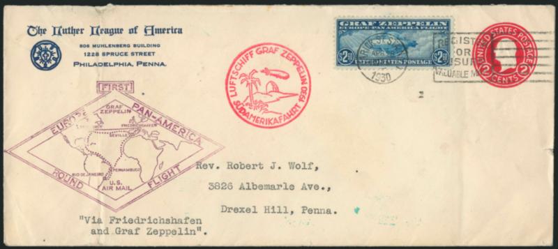 65c-$2.60 Graf Zeppelin (C13-C15).> First two on 1c Postal Cards, last on 2c entire, each with cachet, first with Friedrichschafen transit, all with Lakehurst receiving datestamps, last with vertical file fold
at far left, Fine-Very Fine