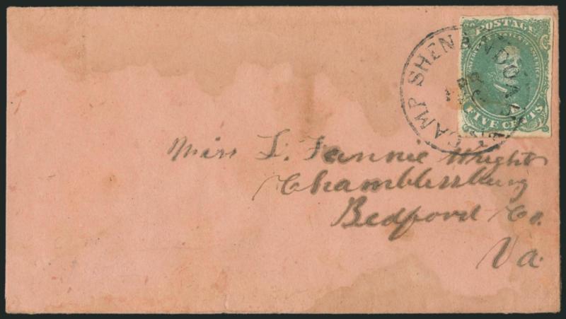 5c Green, Stone 2 (1).> Full margins all around, deep rich color, tied by full and clearly struck <Camp Shenandoah Va. Apr. 16> (1862) circular datestamp on homemade salmon-colored cover to Chambersburg Va.,
faint waterstains<><>^VERY FINE. A CHO