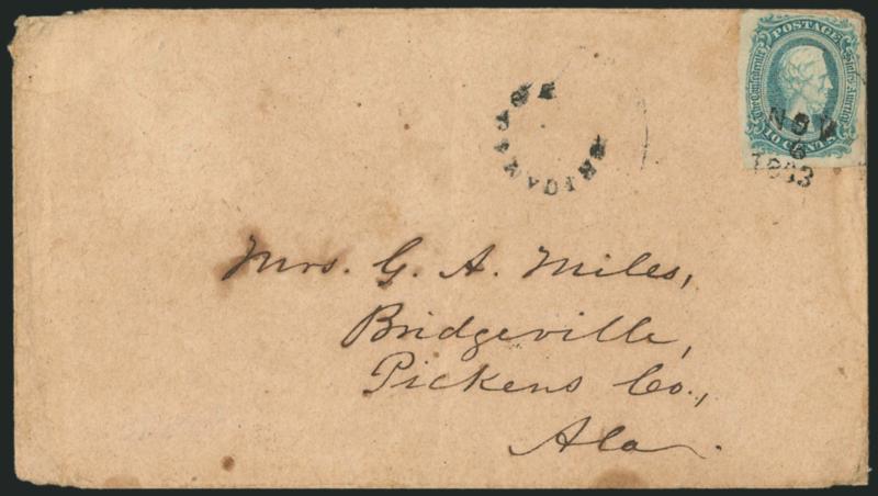 10c Greenish Blue, Die A (11c).> Large margins to touched at top, tied by<^NOV61863^> three-line datestamp, <^CHICAMAUGA^> rimless circular handstamp on brown homemade cover to Bridgeville Ala., slight wear,
Very Fine, one of the finest strikes