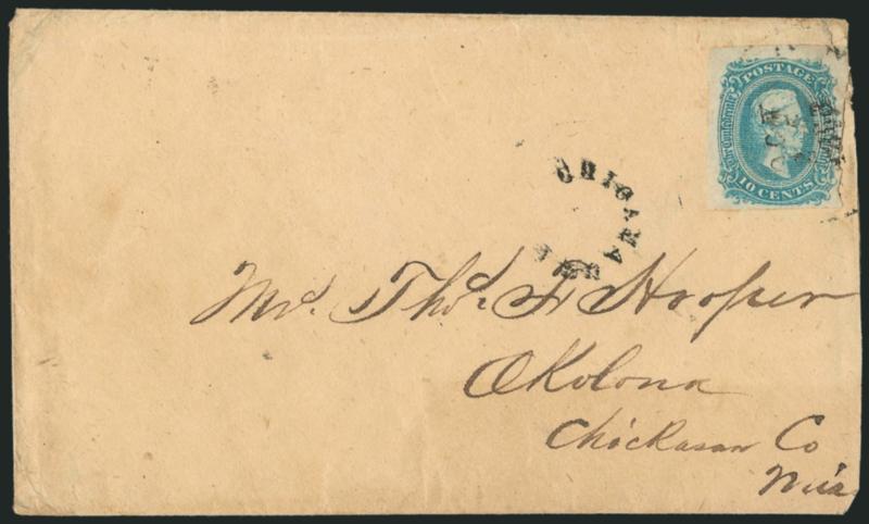 10c Blue, Die A (11).> Ample to large margins, tied by <^OCT251863^> three-line datestamp with unusually bold <^CHICAMAUGA^ Army of Tennessee> field post handstamp, slightly reduced at right, still Very Fine,
the <earliest recorded date> for th