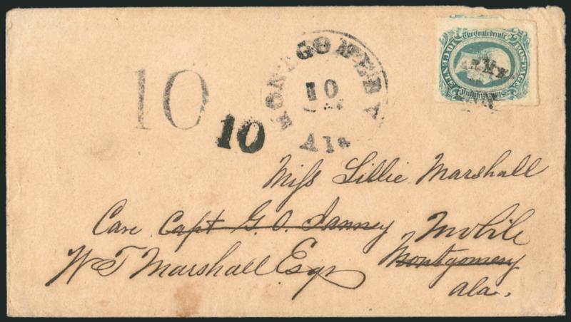 10c Greenish Blue, Die B (12c).> Ample to large margins, tied by <^ARMYOFTENN^> three-line handstamp on brown homemade cover to Montgomery Ala., <forwarded> to Mobile with Montgomery Ala. 10 (month?) circular
datestamp and 10 handstamp, a sec