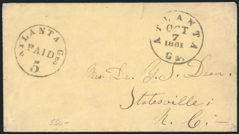 Atlanta Ga., 5c Black entire (6XU2).> Clear strike, with Atlanta Ga. Oct. 7, 1861 circular datestamp on cover to Statesville N.C., tear at top and part of top flap replaced, still Very Fine
