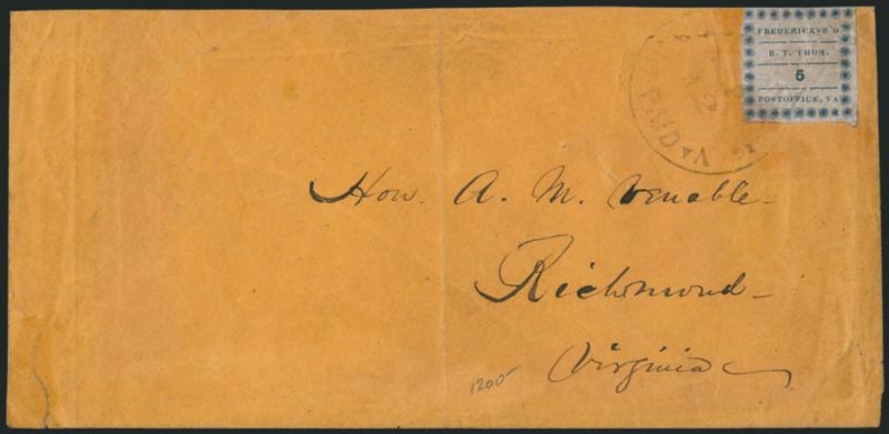 Fredericksburg Va., 5c Blue on Thin Bluish (26X1).> Large margins to clear, tied by light strike of Fredericksburg Va. Paid ? 12 circular datestamp on orange cover to Richmond Va., stamp and cover with some
creasing, cover with tear at bottom left,