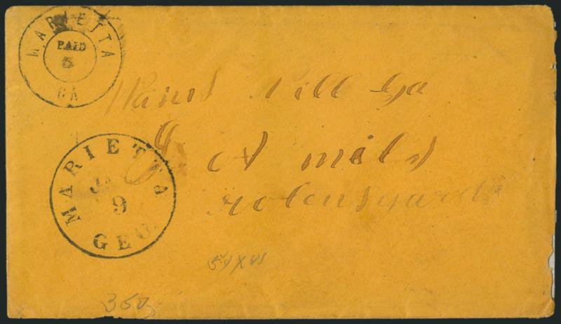 Marietta Ga., 5c Black entire (54XU1).> Clear strike of with Marietta Geo. Jan. 9 circular datestamp on orange cover used with Geo., slightly reduced at right, missing part of bottom flap, Very
Fine
