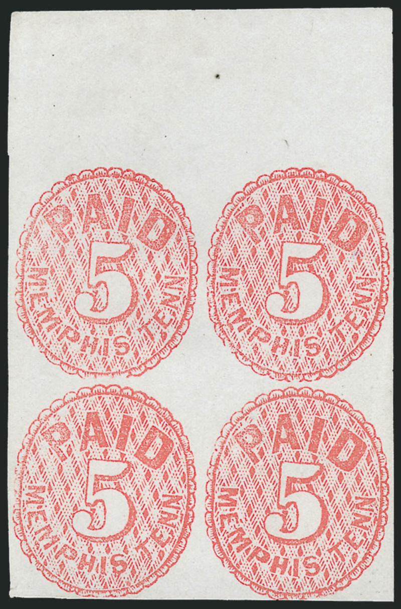 Memphis Tenn., 5c Red (56X2).> Block of four, Positions 6-714-15, unused (no gum), huge margins to just touched incl. sheet margin at top, brilliant color, Very Fine