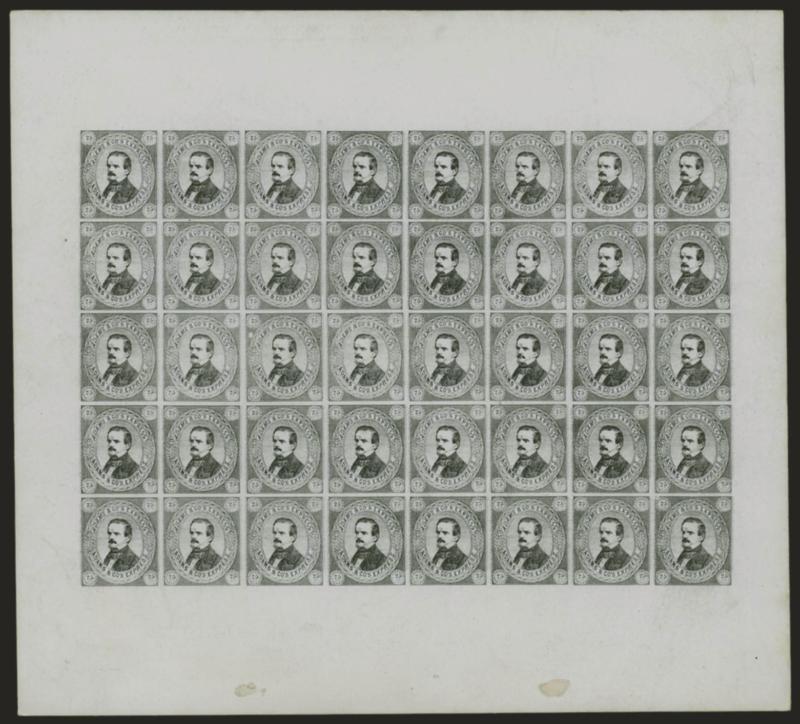 Adams & Co.s Express, Cal., 25c Black on Pink Glazed Card (1L3).> The so-called Poker Chip stamp, rumored to have circulated in California saloons during the Gold Rush era, complete sheet of 40, one stamp
(Position 30) shows retouched flaw over bo