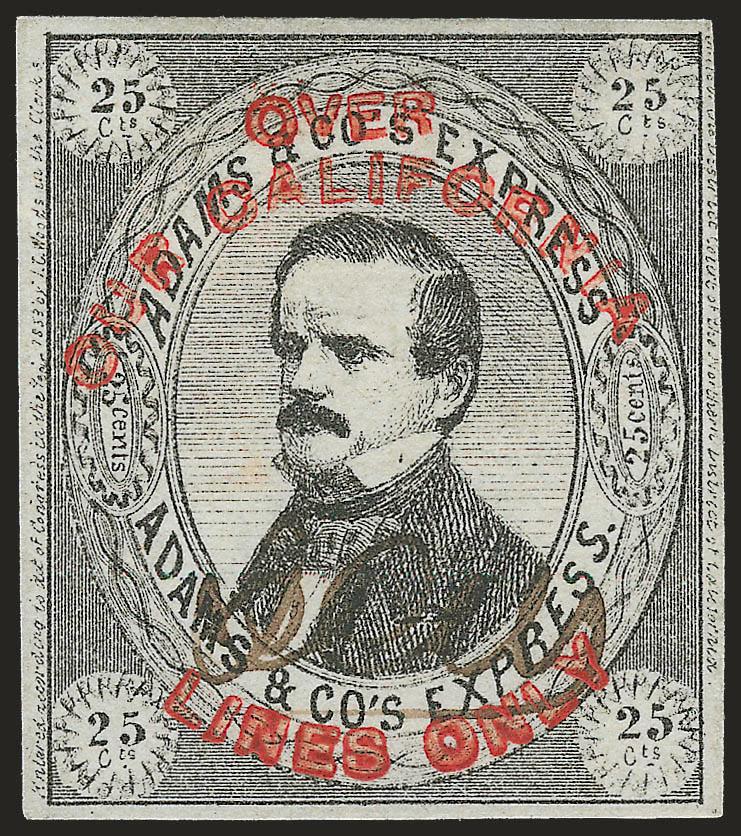 Adams & Co.s Express, Cal., 25c Black, Over our California lines only (1L4).> Unused (no gum), ICW initials (Isaiah C. Woods), large margins, Extremely Fine, very rare, ex Golden