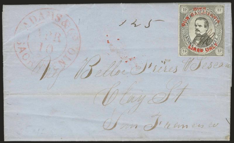 Adams & Co.s Express, Cal., 25c Black, Over our California lines only (1L4).> LR (L. Reed) initials, large margins, uncancelled, affixed to folded letter from Sacramento to San Francisco street address, red
Adams & Co. Sacramento Apr. 10 (1853