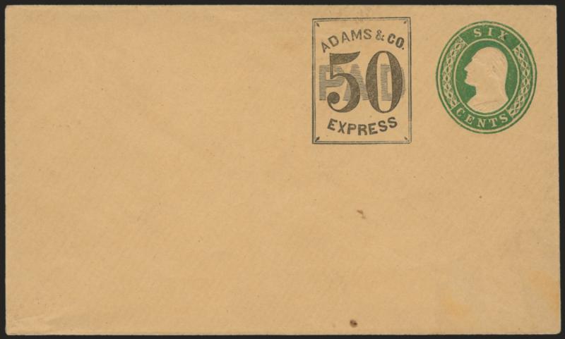 Adams & Co. Express, 50c Black on 6c Green Nesbitt entire (1LU3 var Unlisted on U14).> Unused, tiny spot at bottom, Very Fine, these Adams & Co. entires have been discredited by specialists and must now be
offered as is, ex Lichtenstein