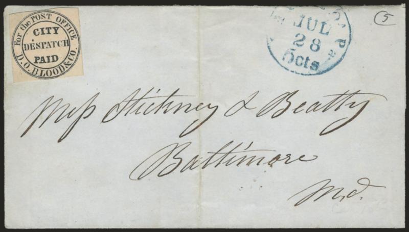 D. O. Blood & Co., Philadelphia Pa., (2c) Black, For the Post Office (15L8).> Margins to just touched, uncancelled, affixed to folded cover with July 27, 1847 docketing on back and sent to Baltimore, blue
Philada. Pa. 5cts. Jul 28 integral-rate c