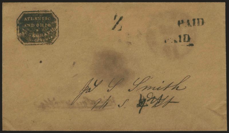 Atlantic and Ohio Telegraph Philadelphia.> Handstamped on ca. 1847 brown cover to local addressee with two matching Paid straightlines and letter Z (unknown purpose), trace of faded circular datestamp, minor
oily stain, otherwise Very Fine and sc