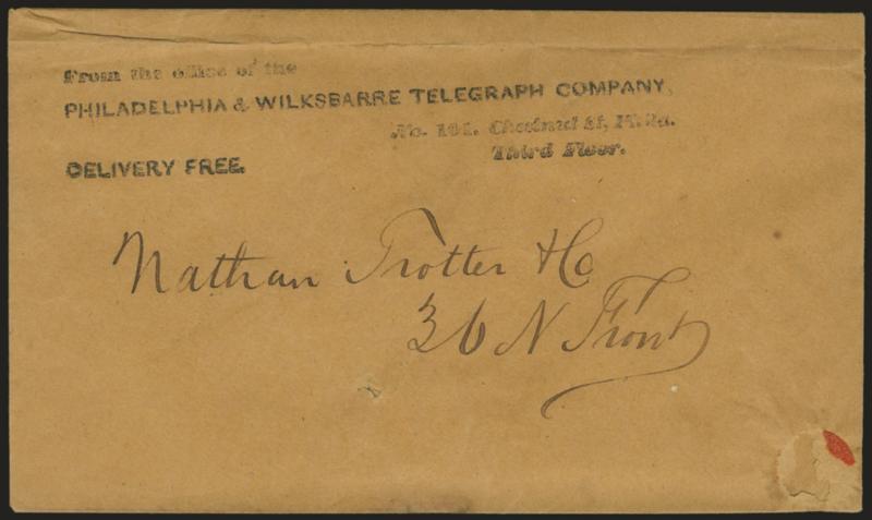 From the Office of the Philadelphia & Wilkesbarre Telegraph Company.> Straightline black handstamp continuing No. 101. Chestnut St, Phila. Third Floor. on ca. 1849 cover to local street address, Delivery Free
handstamp, creases and small erosion