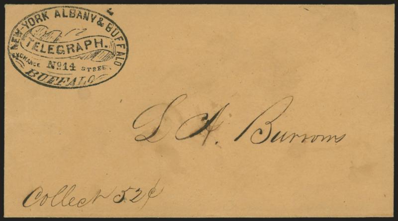 New-York Albany & Buffalo Telegraph Buffalo.> Bold strike of oval handstamp with ribbon and No.14 Exchange Street, on buff cover to local addressee, ms. <<Collect 52c>>, slight ink smudging in name, otherwise
Very Fine and extremely rare, the li