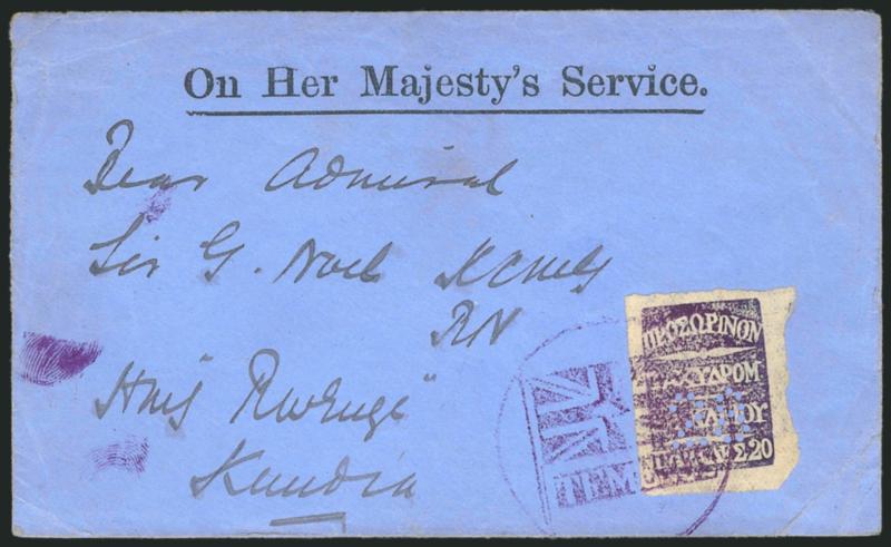 CRETE, 1898, 20pa Violet (1 SG B1).> Large to huge margins, <control perf 28,> tied by purple <Union Jack with Temenos> handstamp on blue cover addressed to <<Rear Admiral Sir G. Noel KCMG, RN, HMS Revenge,
Kandia>>, some minor edgewear<><