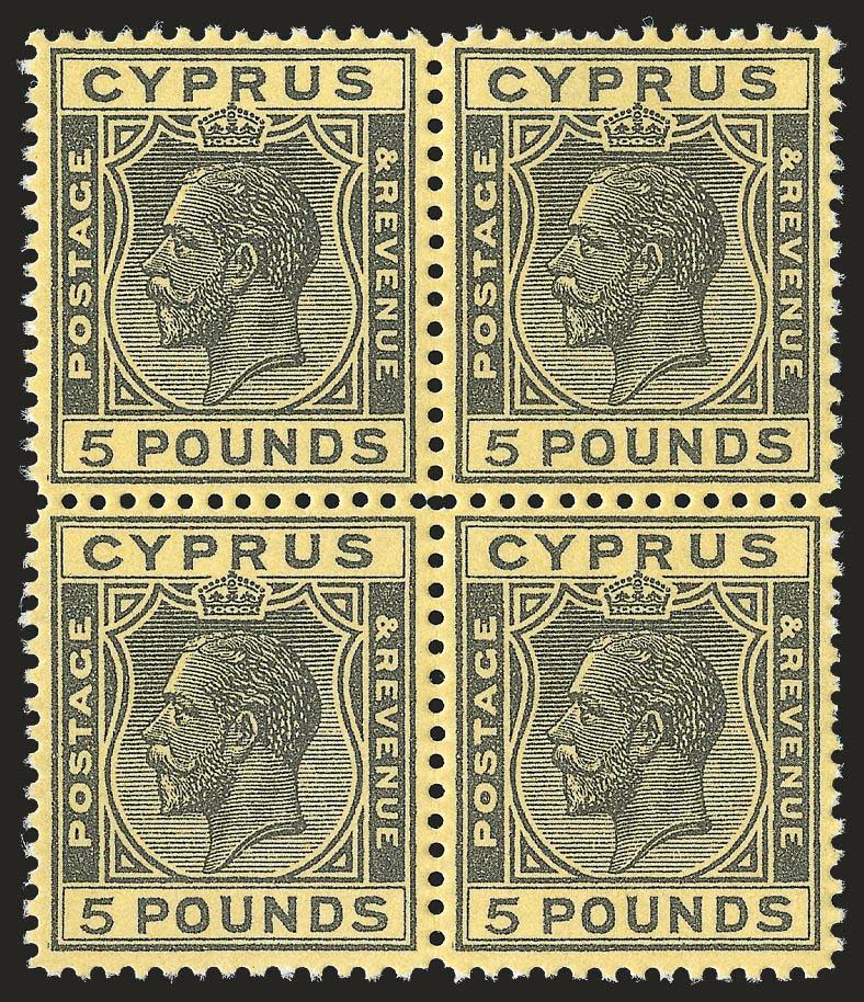 CYPRUS, 1928, £5 Black on Yellow (109 SG 117a).> Block of four, unused (no gum) and rebacked over faults, the watermark has been drawn in as well (can see it with naked eye but not in fluid), well-centered and
of Very Fine appearance, SG £12,000 as