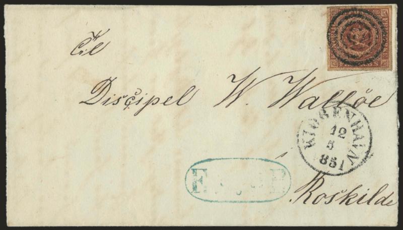 DENMARK, 1851, 2rs Blue, 4rs Brown (1, 2a).> Former large to huge margins, 1 in target cancel (Copenhagen), two of latter, both First Printing, one unused original gum (ample to huge margins), other huge
margins on May 12, 1851 folded letter (no si