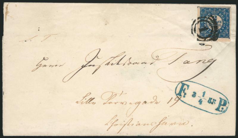 DENMARK, 1851, 2rs Blue (1).> Large margins to full, rich color, tied by 1 in target cancel on folded cover (no side flaps), blue F: 3-14 55P. oval handstamp, fresh and Very Fine