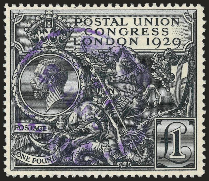 GREAT BRITAIN, 1929, £1 Black, Postal Congress (209 SG 438).> Neat <purple cancel,> tiny natural wrinkle, Very Fine, SG £550