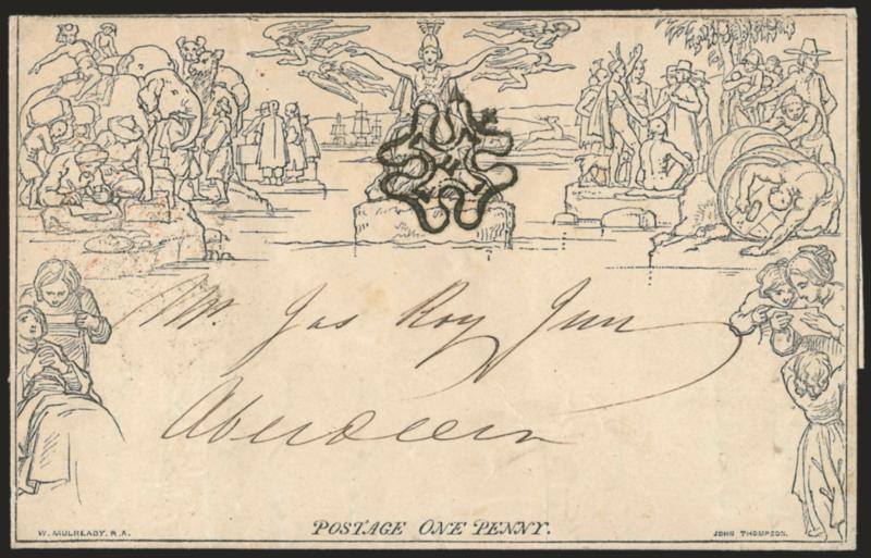 GREAT BRITAIN, 1849, 1p Black, Mulready Letter Sheet (U3).> A35, bold black Maltese Cross with 11 in center (London head office), London and Aberdeen backstamp, May 27, 1843 usage, Very Fine