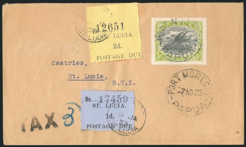 ST. LUCIA, 1931, 1p Black on Gray Blue, 2p Black on Yellow, Postage Due, Ty. I (J1, J2 SG D1, D2).> Tied by Castries St. Lucia Jan. 9, 1933 circular datestamps on cover <originating in Papua New Guinea> and
used to St. Lucia, franked with Papua Ne