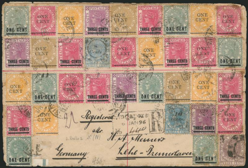 STRAITS SETTLEMENTS, 1896, 1c-10c Overprints.> 35 stamps beautifully arranged on 1896 registered cover <to Lehe, Germany,> boxed Singapore 6 Jan. 96 registry marking, receiving backstamp, some edgewear and
stamps with flaws, otherwise Very Fine, co