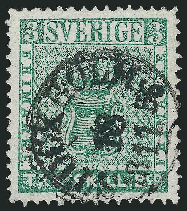 SWEDEN, 1855, 3s Blue Green (1).> Bright color, choice centering, bold strike of Stockholm 18 11 1856 circular datestamp, Extremely Fine, a beautiful stamp and scarce in such choice sound condition