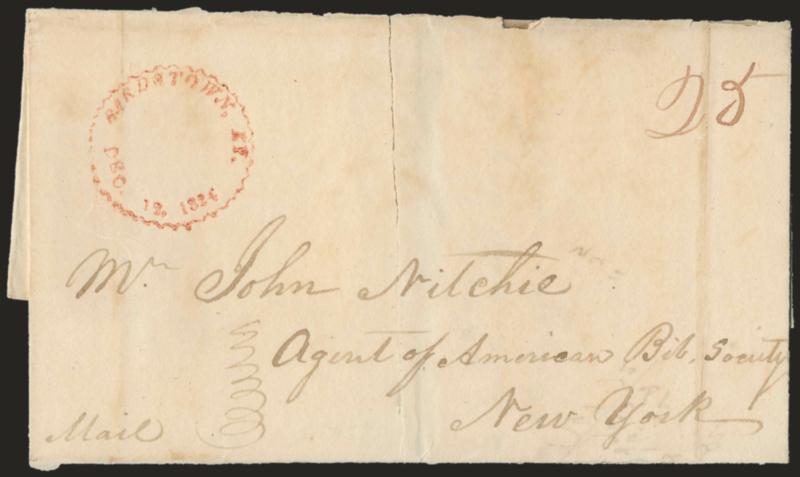 Bardstown Ky.> 1818-32, seven stampless covers, most mounted on exhibit pages, incl. four with sawtooth circular datestamps with three in red and one in black, also two different types of straightline
handstamps, one is for deposition involving slave
