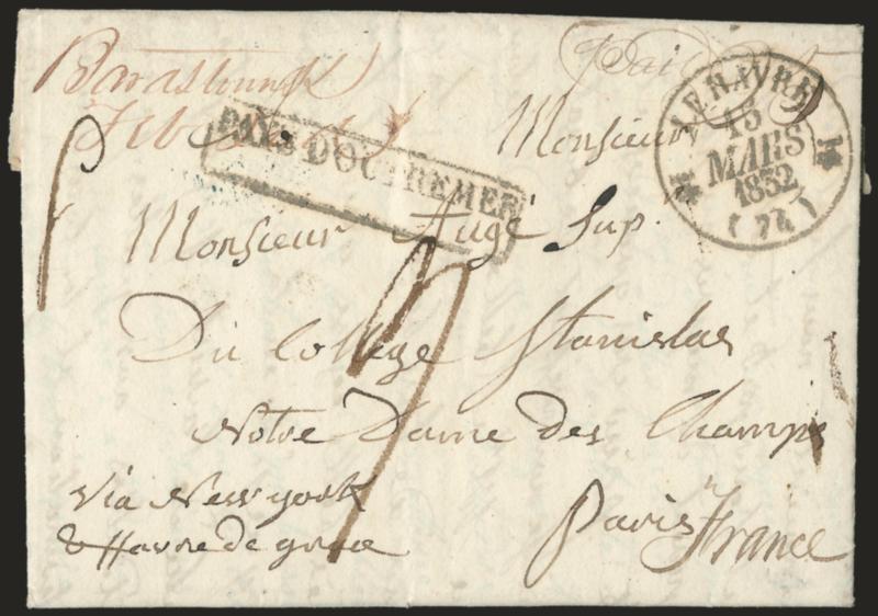 Bardstown K. Feb. 2nd.> Manuscript postmark with matching Paid 25 rate on 1832 folded letter <to Paris, France,> neat strike of Pays DOutremer boxed handstamp and Le Havre transit, manuscript 9 decimes due
marking, blue receiving backstamp,