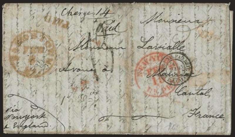 Bardstown Ky. Feb. 6.> Red circular datestamp struck at left of 1853 folded letter <to Mauriac, France,> manuscript 5 rate and 13 decimes due marking, red N. York Br. Pkt. Feb. 15 transit datestamp, minor wear,
Very Fine