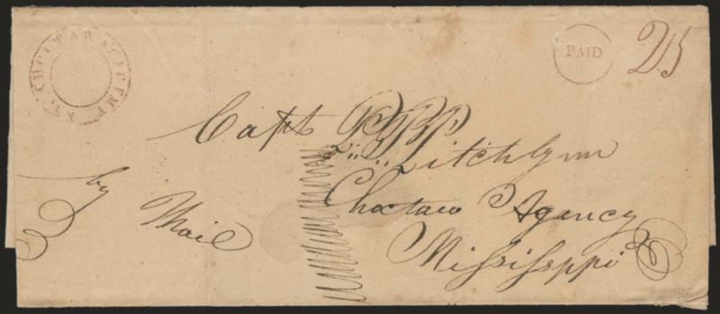 Choctaw Agency.> Two covers, first with red Choctaw Academy Ky. double-ring handstamp on folded cover with matching Paid in circle and manuscript 25 rate to Choctaw Agency Miss., second with Choctaw Acady. 11
May 1837 manuscript postmark with