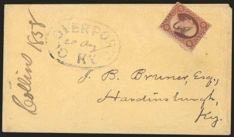 3c Dull Red (26).> Tied by pen cancel on light buff cover with large <Cloverport Ky. 20 Aug.> oval datestamp with date in manuscript, 1858 docketing at left, Very Fine, scarce, this is the cover from which the
tracing in SimpsonAlexander was made