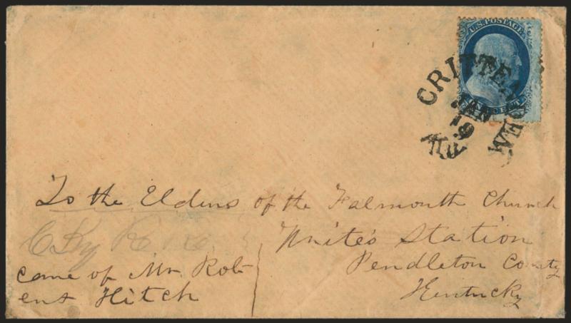1c Blue, Ty. V (24).> Tied by bold <Crittenden Ky. Jan. 19> rimless datestamp on cover to Writes Station Ky., penciled <<C.Ky. R.R.>> just above <<care of Mr. Robert Hitch>>, stamp with tiny nick, cover with
light soiling, still a Very Fine st