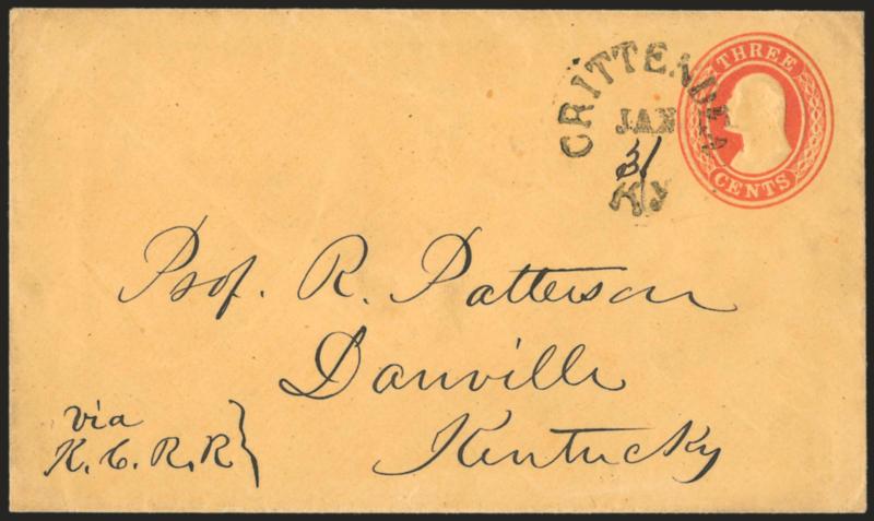 Crittenden Ky. Jan. 31.> Rimless circular datestamp with day in manuscript on 3c Red Nesbitt entire (U10) to Danville Ky., manuscript <<via K.C.R.R.>> at bottom left, 1859 docketing on back, Extremely Fine, an
attractive cover, ex Jarrett and Galla