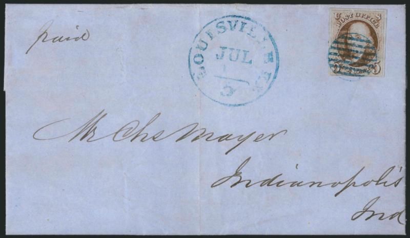 5c Red Brown (1).> Large margins to full, tied by neat strike of <blue> grid, matching Louisville Ky. 5 Jul. 12 integral-rate circular datestamp on blue 1850 folded letter to Indianapolis Ind., light vertical
file fold well away from stamp, Very Fi