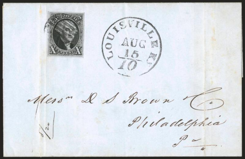 10c Black (2).> Large even margins, wonderful proof-like impression and intense shade, tied by black grid with Louisville Ky. Aug. 1510 integral-rate circular datestamp also struck in black on folded cover to
Philadelphia, 1850 docketing on flap,