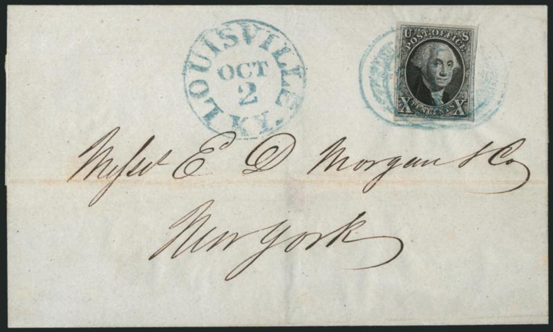 10c Black (2).> Huge margins to large, tied by large <blue> targets, matching Louisville Ky. Oct. 2 circular datestamp on 1847 folded cover to New York, light file folds well away from stamp<><>^EXTREMELY FINE.
A BEAUTIFUL AND RARE EXAMPLE OF THE