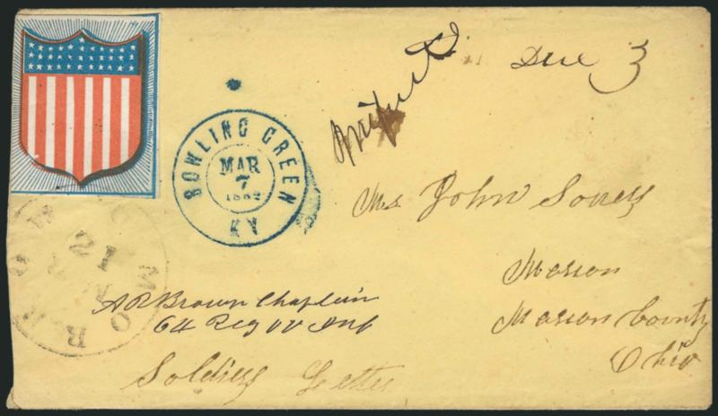 Bowling Green Ky. Mar. 7, 1862.> Blue double-circle datestamp and manuscript Due 3 on yellow soldiers endorsed cover to Marion O., red and blue <Shield-Shaped Flag Patriotic sticker> tied by Morrow O. Mar. 21
circular datestamp, manuscript Miss