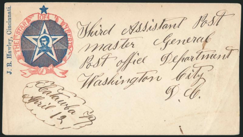 Catawba Ky. April 12.> Manuscript postmark on red and blue <McClellan Star of Liberty Patriotic> cover to 3rd Asst. PMG in Washington D.C., Very Fine