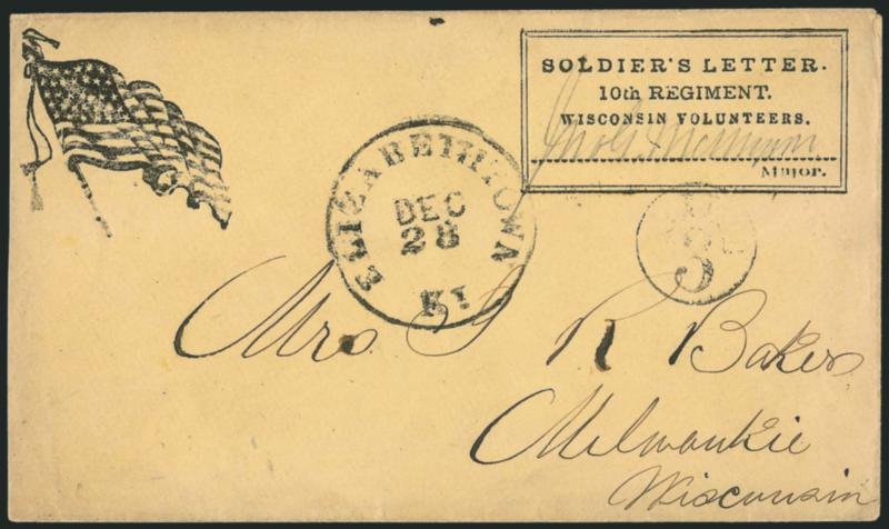 Elizabethtown Ky. Dec. 28.> Circular datestamp and Paid 3 in circle on yellow <Flag Patriotic> cover to Milwaukie Wis. with Soldiers Letter, 10th regiment, Wisconsin Volunteers box, Very Fine