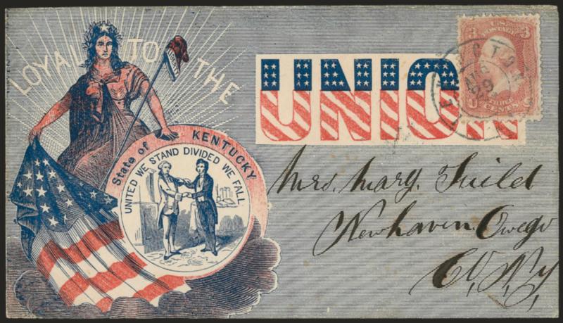 3c Rose (65).> Tied by Lexington Ky. Aug. 29 double-circle datestamp on overall red and blue <Kentucky Loyal State Patriotic> cover to New Haven N.Y., Extremely Fine