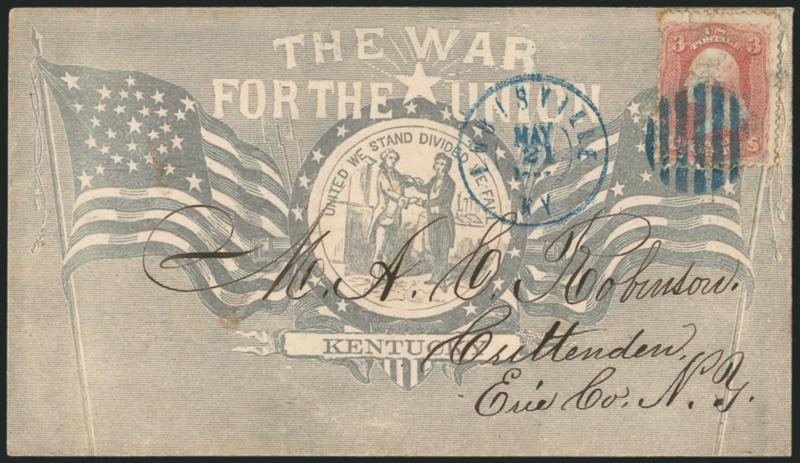 3c Rose (65).> Tied by blue grid with matching Louisville Ky. May 21, 1863 double-circle datestamp on overall gray <Kentucky The War for the Union Patriotic> cover to Crittenden N.Y., with original letter
datelined <ospital No. 2 May 20, Louis