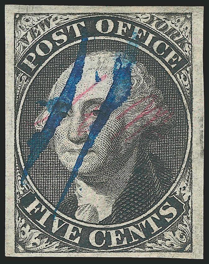 New York N.Y., 5c Black, A.C.M. Initials (9X1b).> Large margins, intense shade and impression which is nicely complemented by blue ms. cancel<><>^EXTREMELY FINE. A BEAUTIFUL EXAMPLE OF THE 5-CENT NEW YORK
POSTMASTERS PROVISIONAL WITH THE A.C.M.