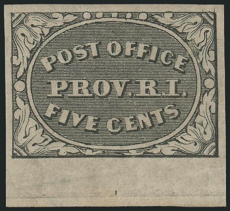 Providence R.I., 5c Gray Black (10X1). Mint N.H.,> Position 11, large margins with <sheet margin> at bottom, detailed impression, Extremely Fine Gem, a superb stamp in every respect, PSE encapsulated (XF-Superb
95 unlisted in SMQ), Scott Retail as h