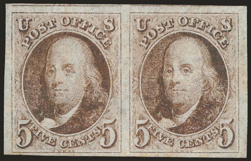 5c Red Brown (1).> Horizontal pair, original gum with characteristic crackly texture, large to huge margins incl. part of adjoining stamps at top, bright color, right stamp small toned spot at bottom left of
little consequence<><>^EXTREMELY FINE. A