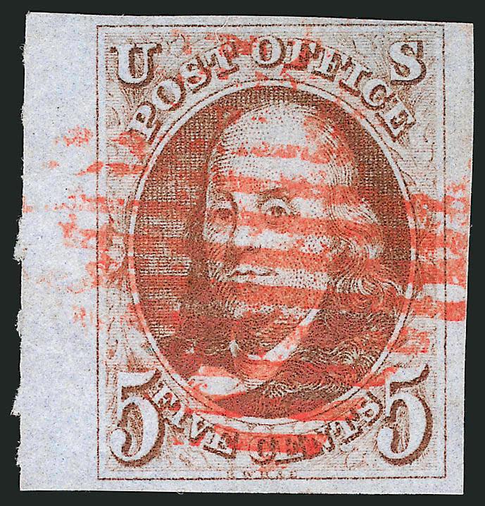 5c Red Brown (1).> Huge margins including <sheet margin at left,> ample at top right, fresh and bright color on nicely blued paper, New York red square grid cancel, Very Fine and choice, ex Wall, with 2000 P.F.
certificate.