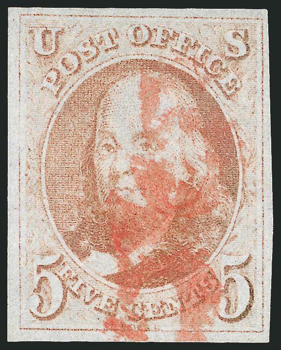 5c Red Brown (1).> Large even margins all around, bright shade, bold strikes of Baltimore <red 5 numeral> cancel, Extremely Fine, with 1984 P.F. and 2008 P.S.E. certificates (VF-XF 85 SMQ $540.00)
