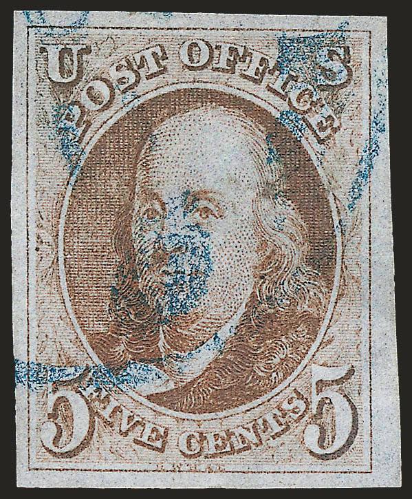5c Red Brown (1).> Large margins all around, rich color nicely complemented by <blue town> cancel, fresh and Extremely Fine, with 2002 P.F. certificate