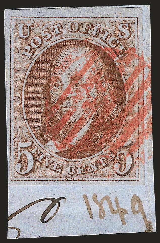 5c Red Brown (1).> Large to huge margins, tied by red grid cancel on small piece, gorgeous color with sharp impression, Very Fine and choice