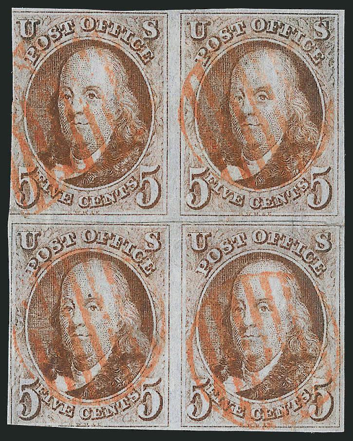 5c Red Brown (1).> Reconstructed block of four comprising two horizontal pairs with matching red grid cancels, probably removed from the same cover, right stamps Dot in S variety, large margins to slightly in,
neat red grid cancels, bottom right st